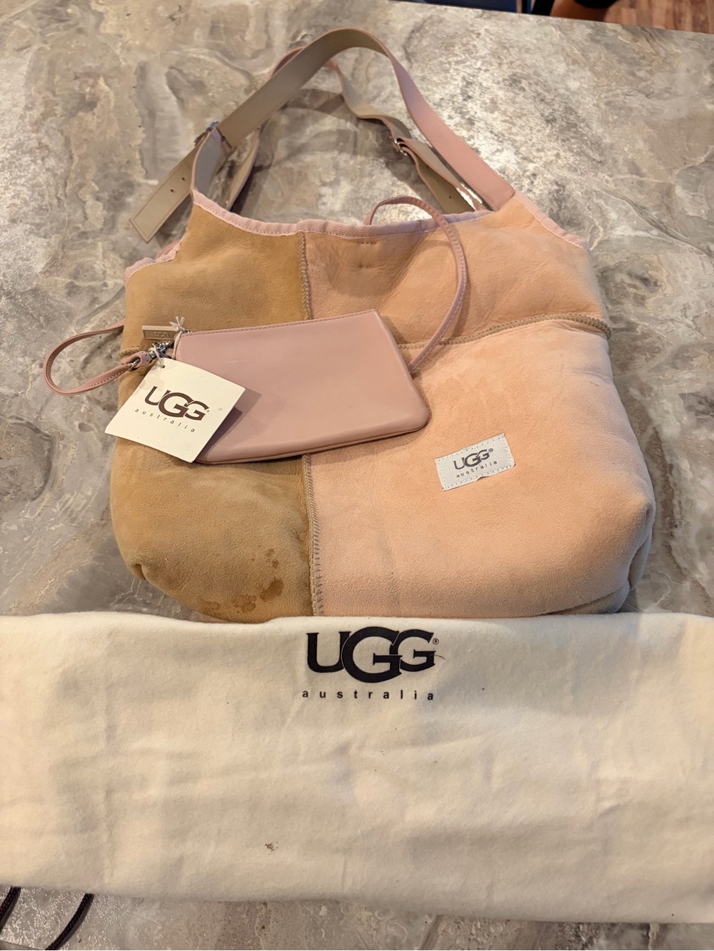 UGG Patchwork Suede Shoulder Bag in Blush Pink and Tan